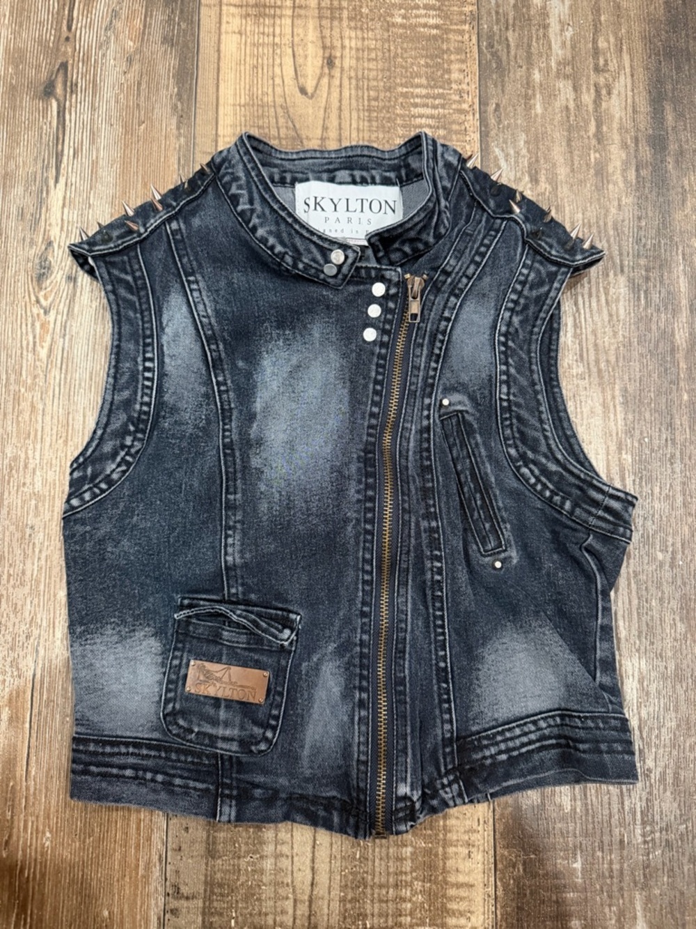 SkyLton Black Washed Denim Studded Moto Vest - Women's